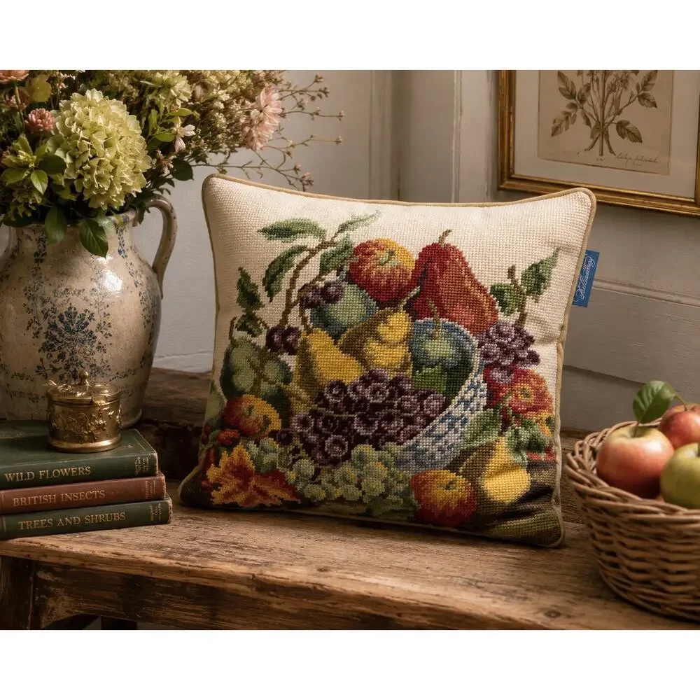 Vintage Williamsburg Needlepoint Pillow Fruit Basket Tapestry Cottage Decor 13”